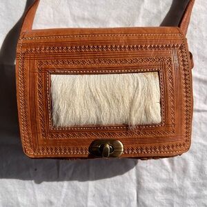 Leather Crossbody Bag with Cream Haircalf Panel - Unbranded